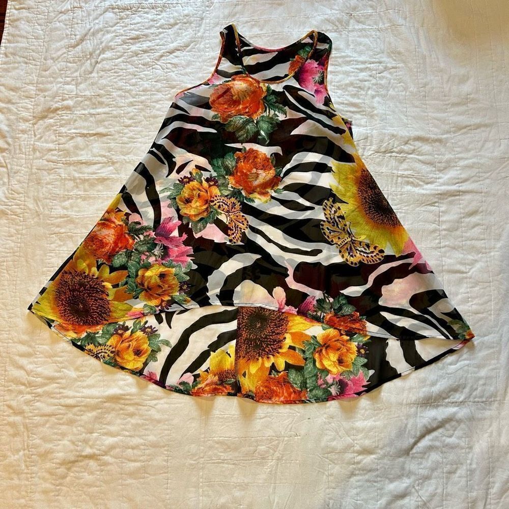 Zebra flower multi print sheet polyester tank mini dress cover up small